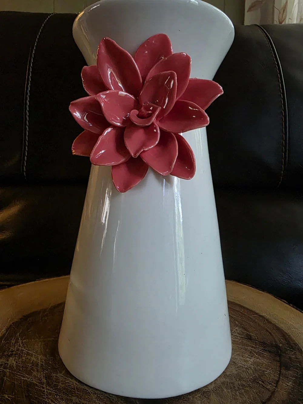 Vintage Shabby Chic White Ceramic Vase with 3D Pink Flower Accent